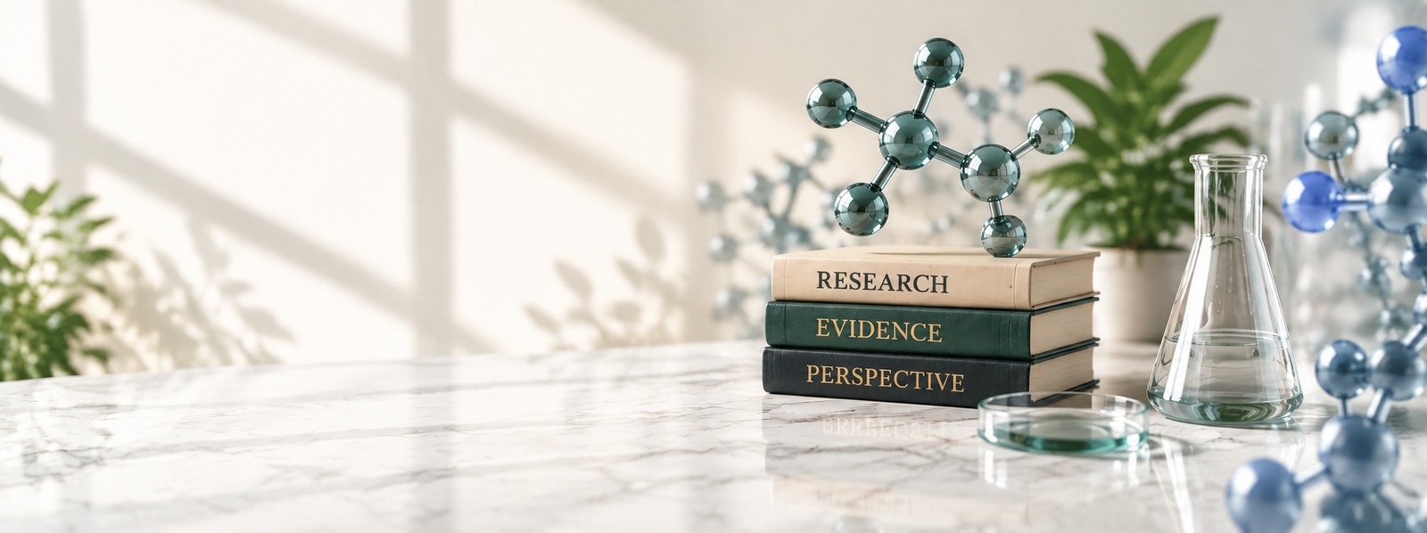 Stacked research books and laboratory glassware behind the references and sources page.